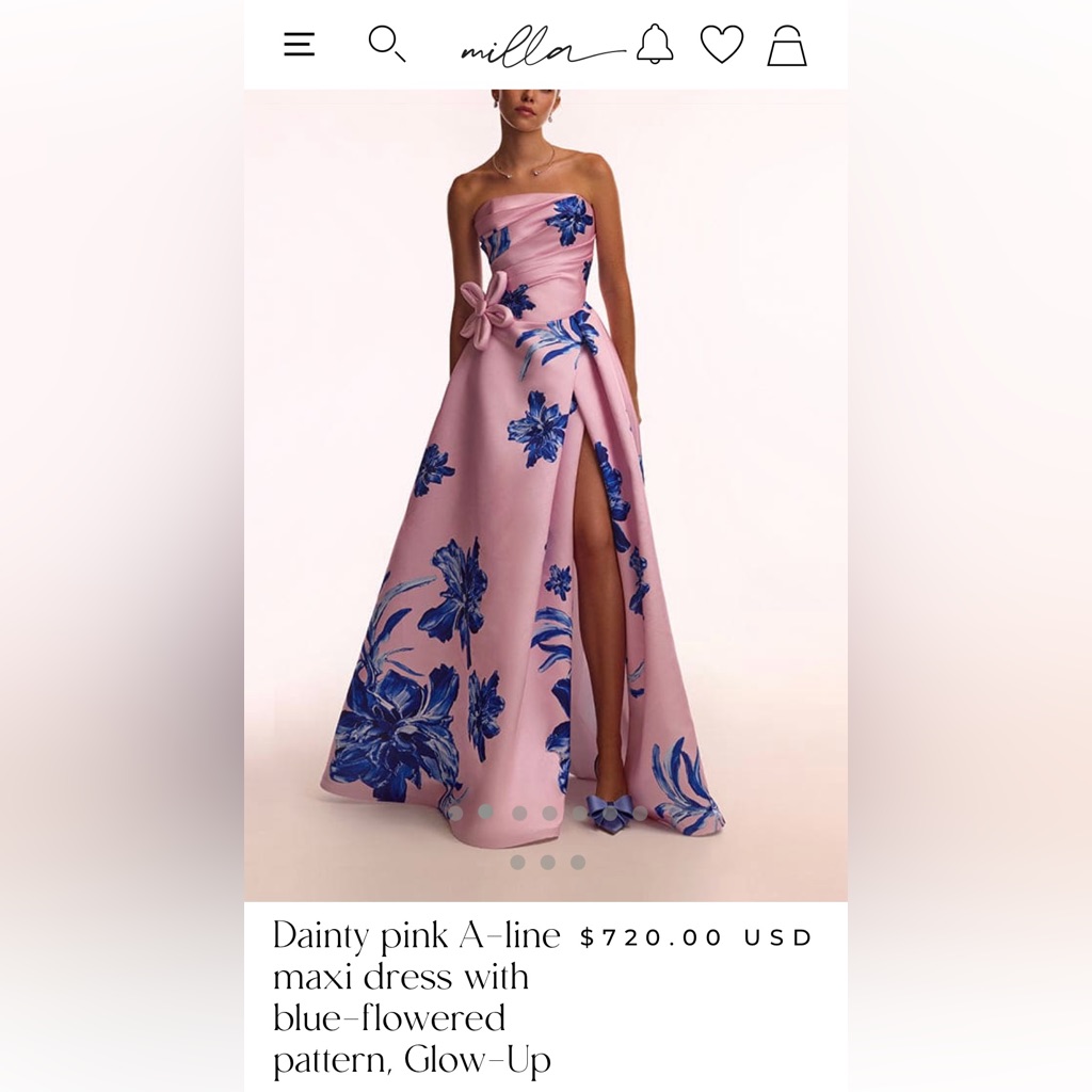 Millau Pink Strapless A-Line Maxi Dress With Blue Floral Motif